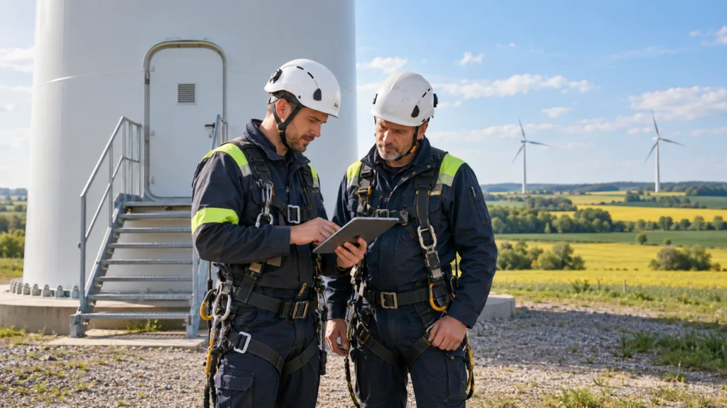 Dwóch techników sprawdza dokumentację przed rozpoczęciem pracy przy turbinie wiatrowej.